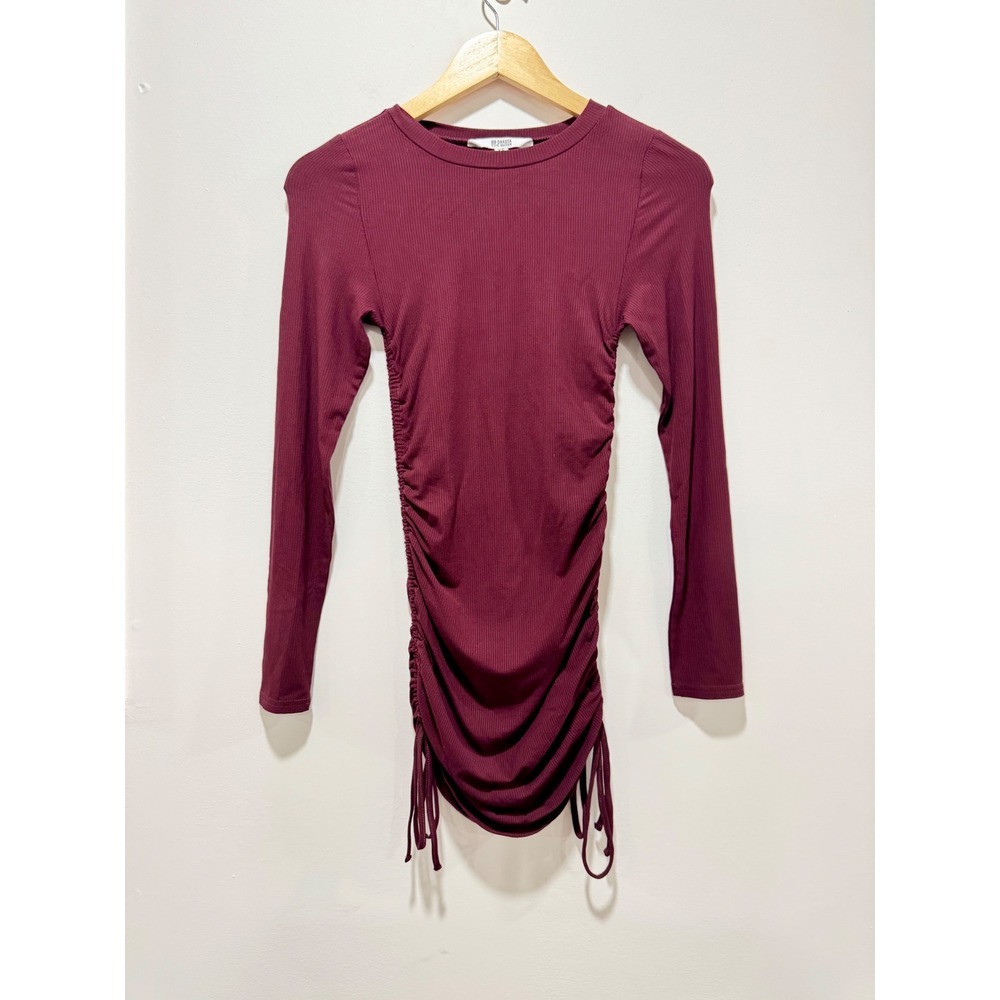 BB Dakota Steve Madden Womens Ribbed Ruched Mini Dress Burgundy Long Sleeve XS
